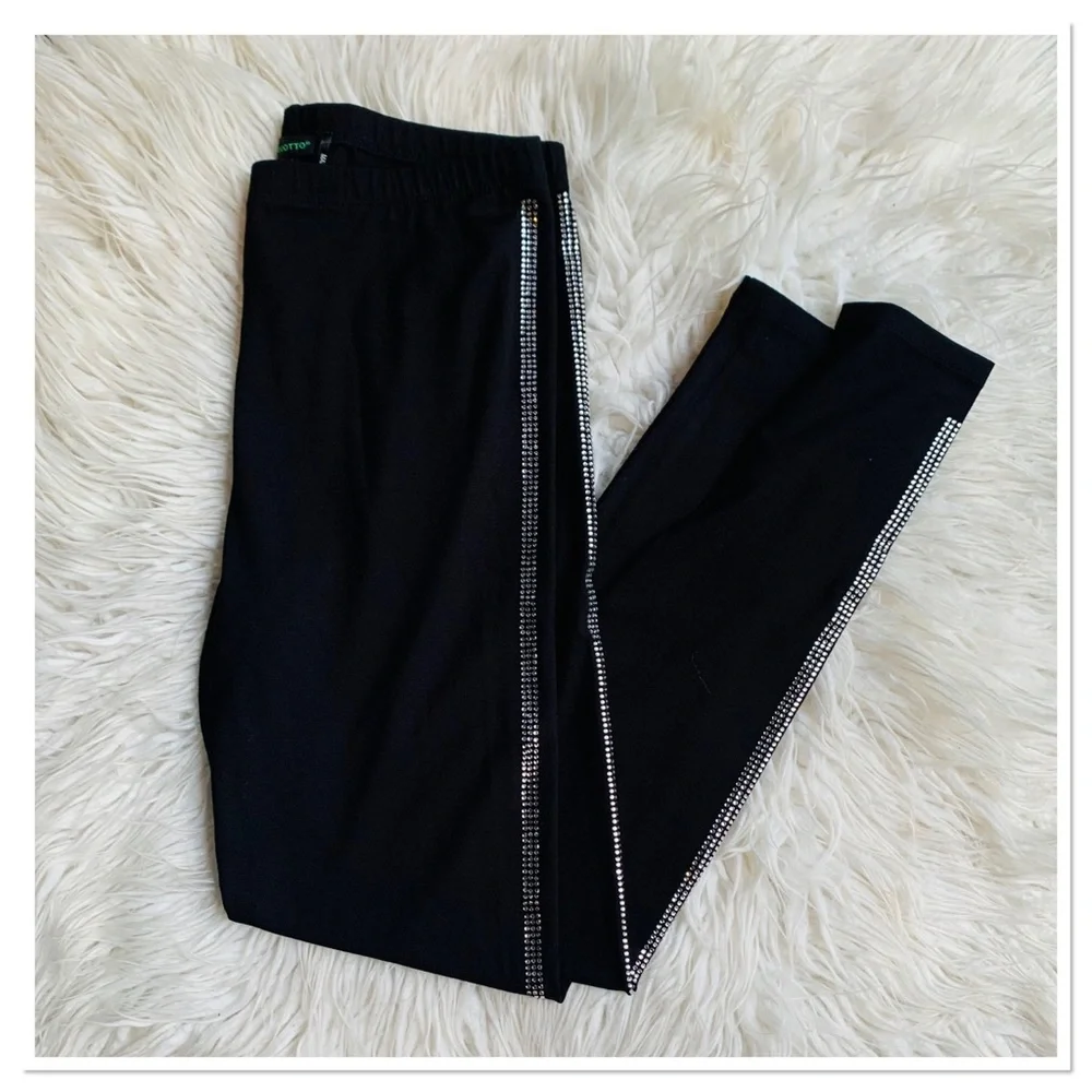 NWT Tricotto Rhinestone Side Stripe Leggings Black Silver Size Medium